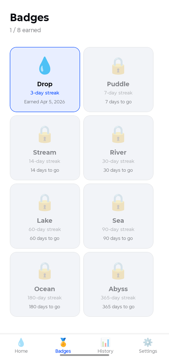 SipCube app Badges screen showing earned and locked streak badges
