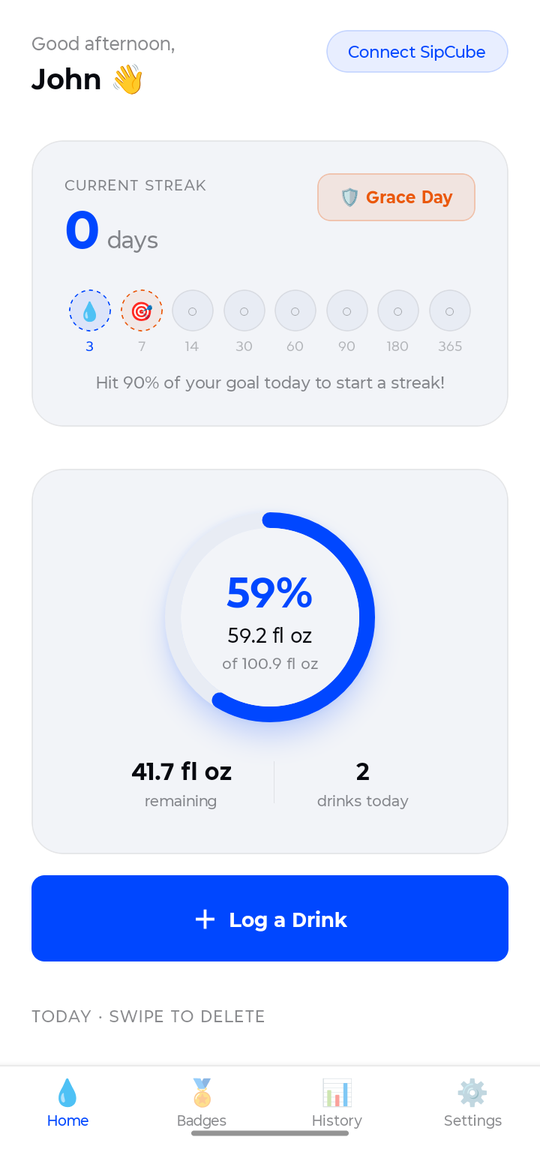 SipCube app Home screen showing the daily progress ring at 59%