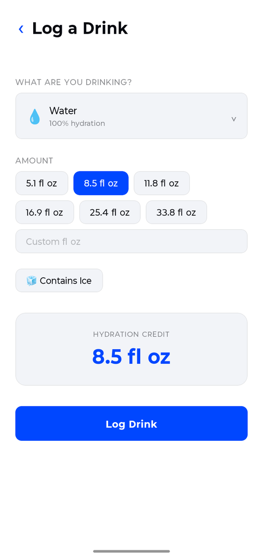 SipCube app Log a Drink screen with beverage and amount selectors