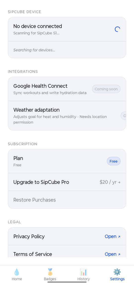 SipCube app Settings showing the device section scanning for a SipCube S1