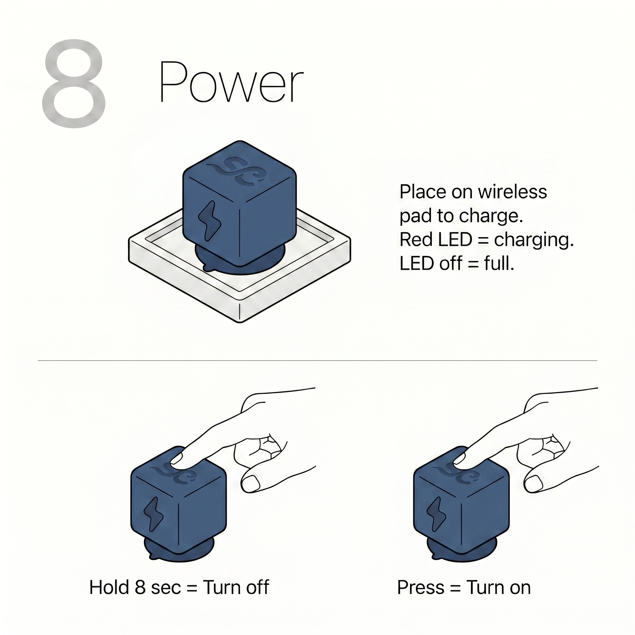 Power Guide: press to turn on, hold 8 sec to turn off